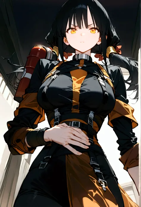  The image shows a female anime-style character with short black hair , gathered in two low ponytails.  Her eyes are of a bright amber shade , , which adds intensity to his confident and confident expression .  He wears a partially unbuttoned uniform ,  th...