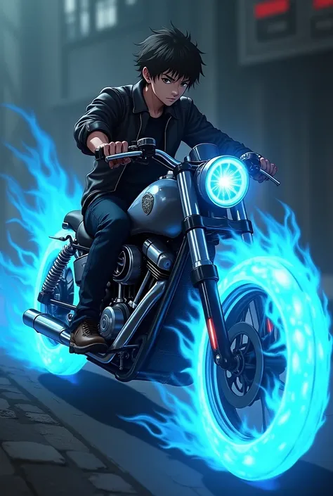 Teenage boy wearing black leather jacket riding the anime-style ghost rider motorcycle with blue burning tires 