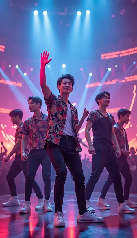 BTS, group of seven male K-pop idols, dancing energetically, vibrant stage lighting, dynamic poses, synchronized moves, colorful costumes with intricate designs, audience in the background, cheering and holding glow sticks, modern dance style, high-energy ...