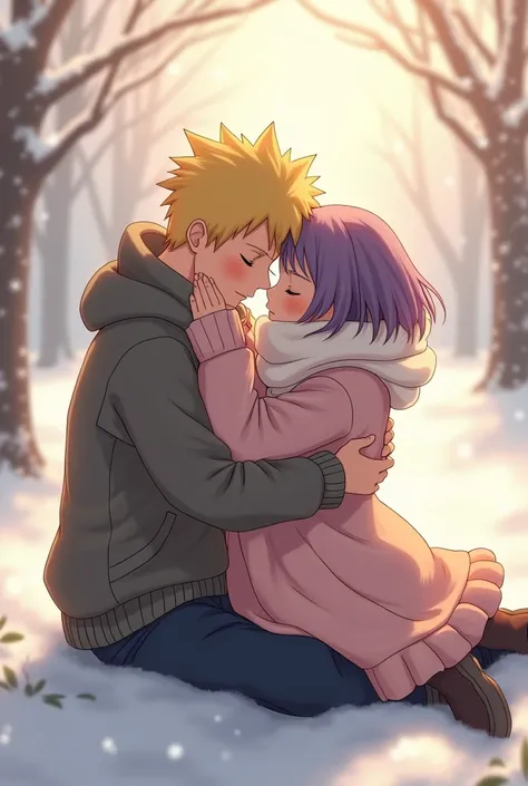 Naruto and hinata hugged  sleeping in winter dress 