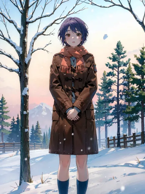 (masterpiece),( best quality), Yuki,  brown coat,  scarf, kneehighs, Blank Eyes, Expressionless face, Park, Waiting, , snow, snowing, tree, nature, 