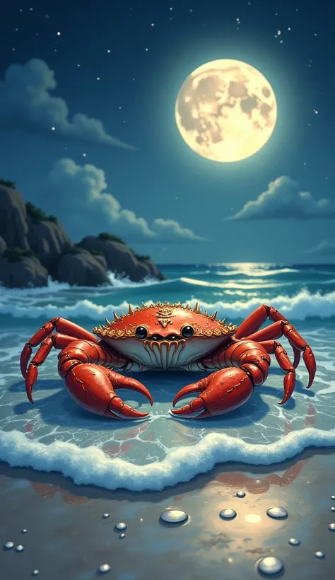 " A detailed illustration depicting the sign of Cancer ,  with a crab stylized as a central figure ,  its paws holding shiny pearls .  The setting is a moonlit beach ,  with soft waves reflecting the light of the full Moon . The sky is starry, with tones o...