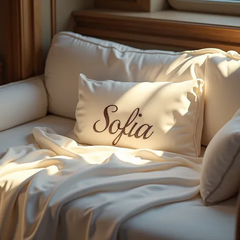  A luxury sofa with a sheet and the name Sofia on the sheet, A light brightening the name  