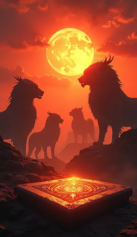 A striking visual of the four beasts silhouetted against a fiery, red-orange sunset. An ancient stone tablet with glowing symbols floats in the foreground, radiating mystery and divine authority. The atmosphere is tense, as if revealing a great secret —ar ...