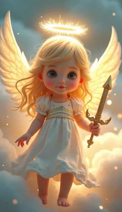 A hyper-realistic and exquisitely detailed depiction of a celestial baby angel floating in a serene, heavenly realm. The baby angel has soft, glowing skin and a face full of innocence, with delicate features that radiate purity. The angels expression is pe...