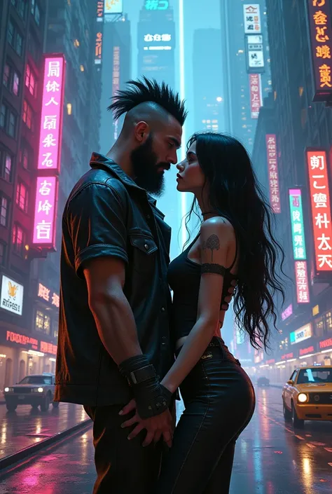 Couple in love in Cyberpunk City , He is a fat man with long hair and beard and a Mohican cut and she is a tall woman with long black hair