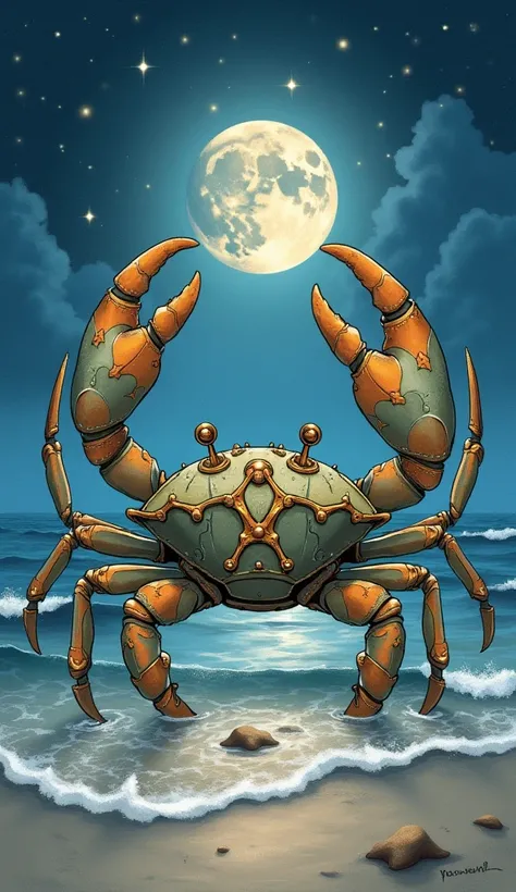 " A detailed illustration depicting the sign of Cancer ,  with a crab stylized as a central figure ,  its paws holding shiny pearls .  The setting is a moonlit beach ,  with soft waves reflecting the light of the full Moon . The sky is starry, with tones o...