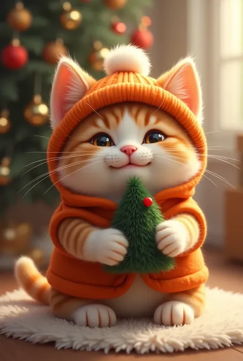 Fluffy cat wearing orange vest and cap smiles and holding a little Christmas tree and sitting 