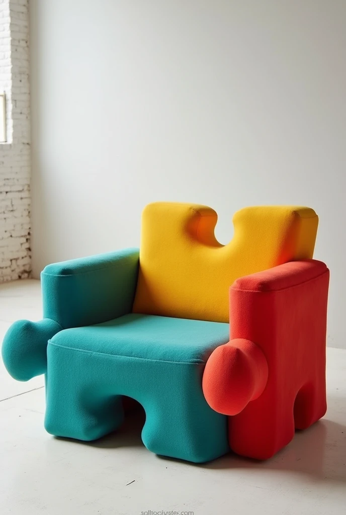 A modern armchair made entirely of soft, high-density foam, designed as two oversized interlocking puzzle pieces. The pieces fit together seamlessly to form a sturdy yet playful structure. Each puzzle piece features smooth, rounded edges for comfort and a ...