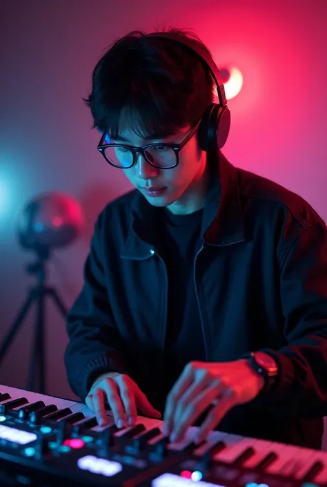  lo-fi music DJ remix AI background. glasses Korean male DJ .Korean guy in his 30s .Mini keyboard . slightly fit 
