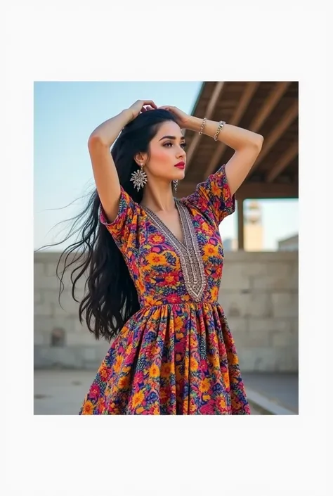 Attractive Italian girl with long black hair, bulging breasts and characteristic chest curvature, is wearing authentic Iranian dress and is engaged in Iranian minature dance.  arms and legs stretched and fit. She dances Persian 