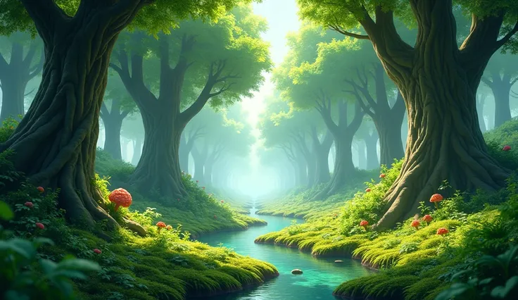 beautiful forest of tall trees and green bushes. 3d animation