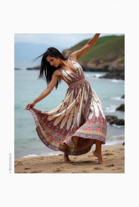 Attractive Italian girl with long black hair, bulging breasts and characteristic chest curvature, is wearing authentic Iranian dress and is engaged in Iranian minature dance.  arms and legs stretched and fit. She dances Persian . نگاه به دوربین خندان 