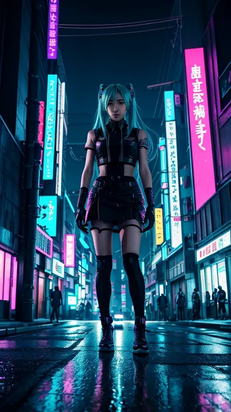 Hatsune Miku image walking down a street at night, cyberpunk street, cyberpunk streets in japan, cyberpunk aesthetics, cyberpunk aesthetic, in cyberpunk city, cyberpunk streets at night, futuristic cyberpunk tokyo night, neo tokyo background, cyberpunk vib...