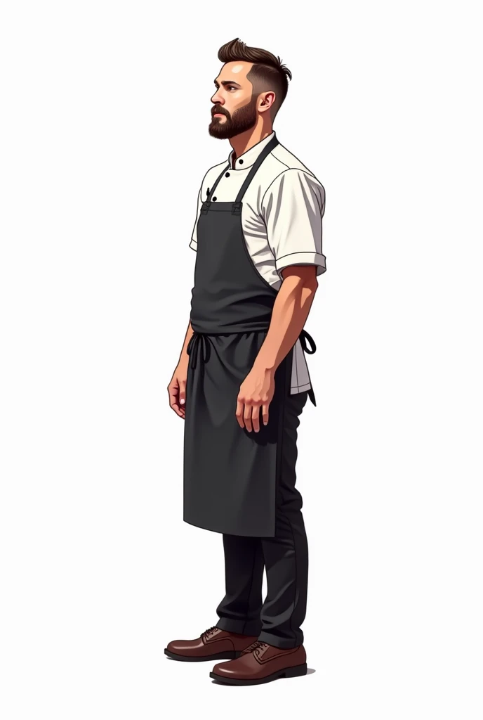 Generate a comic-like image of a  kitchen staff man of a restaurant with a uniform and remove the background and replace it with nothing but white, and then show the fullness of its body, standing straight, and show the front and back of him.