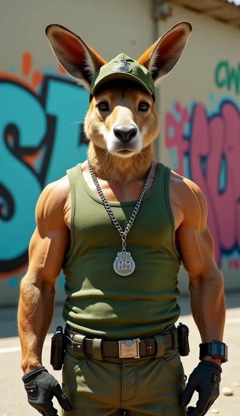 A hyper-realistic and striking portrayal of an anthropomorphic kangaroo with a muscular, human-like physique. The kangaroo is dressed in military attire, wearing a green tank top that accentuates its chiseled upper body and dog tags hanging around its neck...