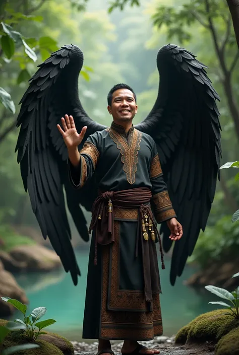 an indonesian man waves his hand while smiling and has wings of black color against the background of natural scenery