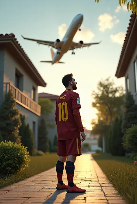 (photorealism:1.2), messi is on trace of his home and saw fly airoplane 