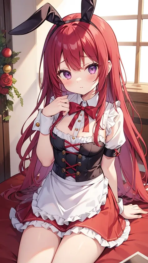 no way,  best quality,  1 girl , ,Alone, Red Hair,  purple eyes, Long Hair, big, Oh Bunny, Bunny ears,  red corset, gakuran, apron,  red neck ribbon ,  red skirt, Hair Bow, Short sleeve,  wrist cuffs ,  White thighs , Jingle Bells,Lying on your back:1.8,Pu...