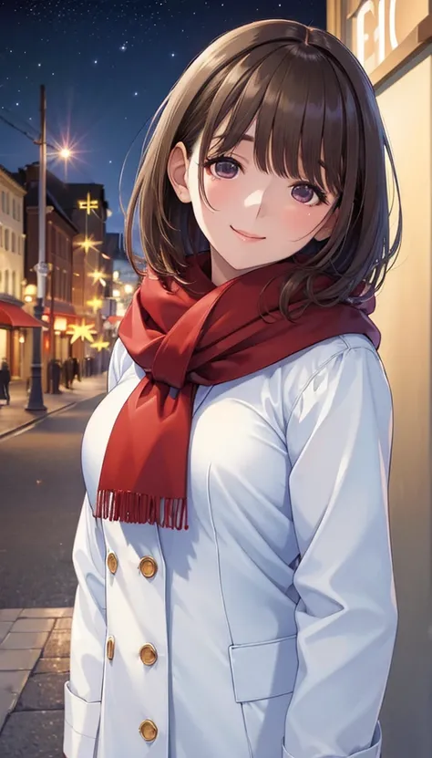 (((masterpiece, best quality, super detailed:1.5))),(detailed night cityscape, fantasy),(very wide shot),(very beautiful and detailed face),(best lighting, very delicate and beautiful),(very beautiful woman, alone, short brown hair, manner),(fantastic and ...