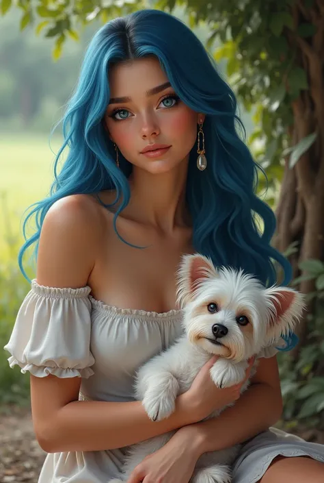 real Brazilian girl, gaucha, 75kg, 18 years old blue eyes, long pool blue hair, earring in the right ear only, com um cachorro branco peludinho e pequeno no colo