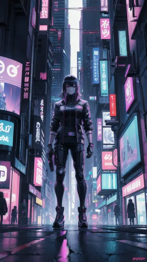 arafed image of a person walking down a street at night, cyberpunk street, cyberpunk streets in japan, cyberpunk aesthetics, cyberpunk aesthetic, in cyberpunk city, cyberpunk streets at night, futuristic cyberpunk tokyo night, neo tokyo background, cyberpu...