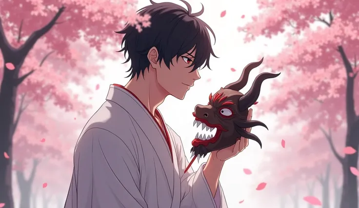 Un personnage masculin anime, avec un masque oni dans la main et de profil, portant un kimono blanc au milieu de fleurs de sakura