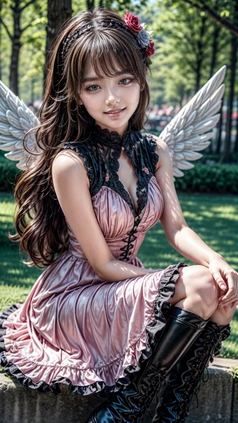 、 beautiful girl、very cute angel、 pink gothic dress 、cute、baby face、smile、 long skirt、 black long boots 、