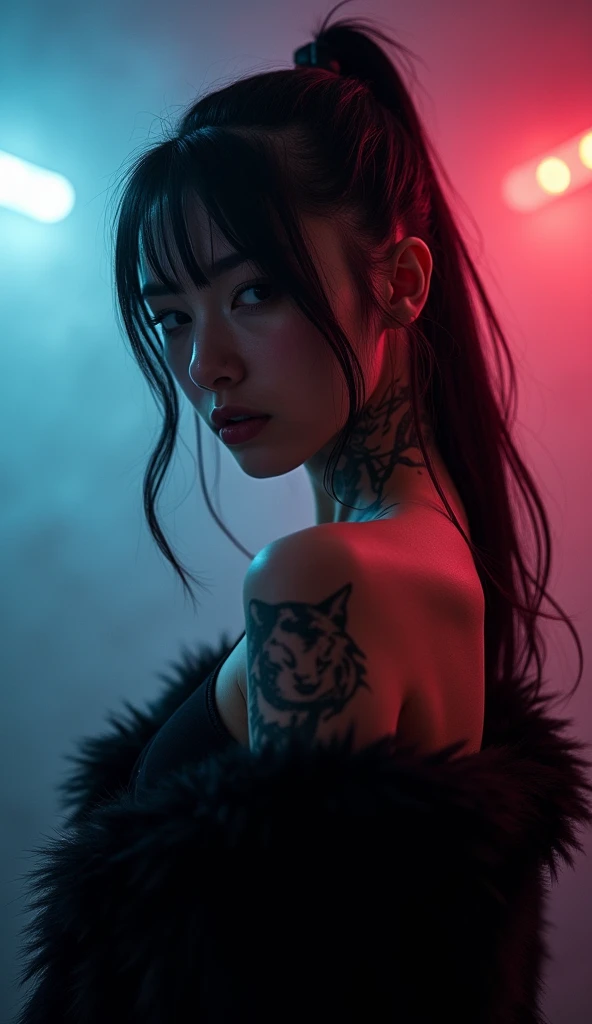 girl、Tattoo、多fog路段、 cyberpunk、 black fur 、monochrome、Black and White、超Realism, neon， Rich and Deep Colors ，32k Quality 。 Master Photography Composition ， Master Leonardo da Vincis late coloring， Strong color atmosphere and contrast between warm and cold ， ...