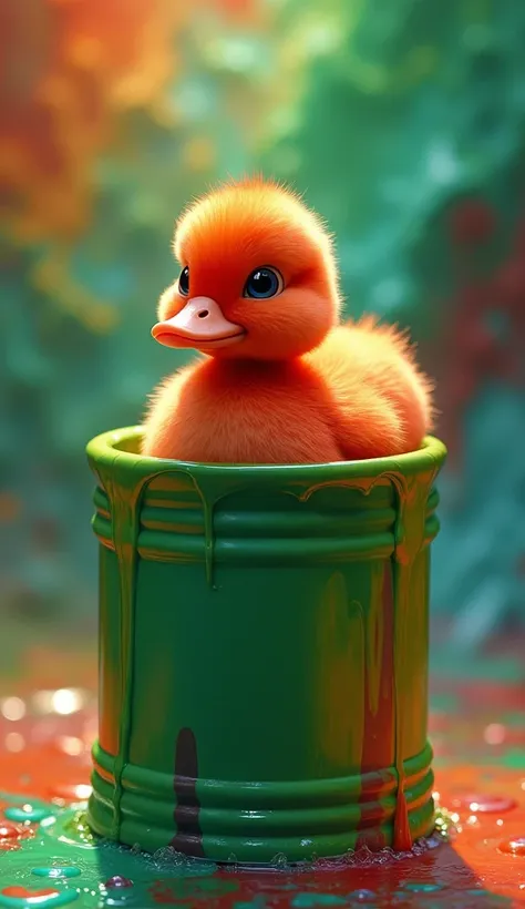 A red-colored duckling  , honeydew of green paint  ,  in a can of colored ink