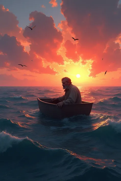 A man Sitting alone stuck in the middle of the big ocean during a sunset