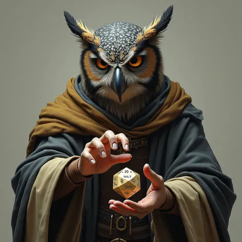 A man with the head of an owl in a medieval torn robe sits behind a straw and rolls his finger over the d20 dice with numbers on the edges. Tiredness on his face ,  rolls his eyes . no background.