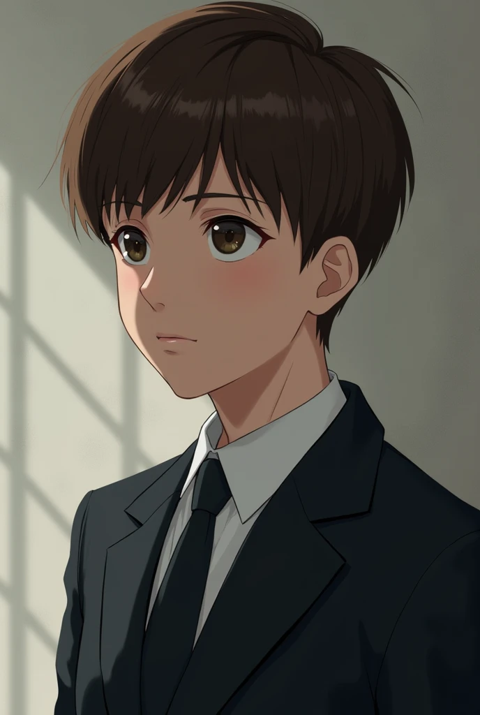 15-YEAR-OLD BOY WITH A SUIT AND SHORT BROWN HAIR IS SERIOUS