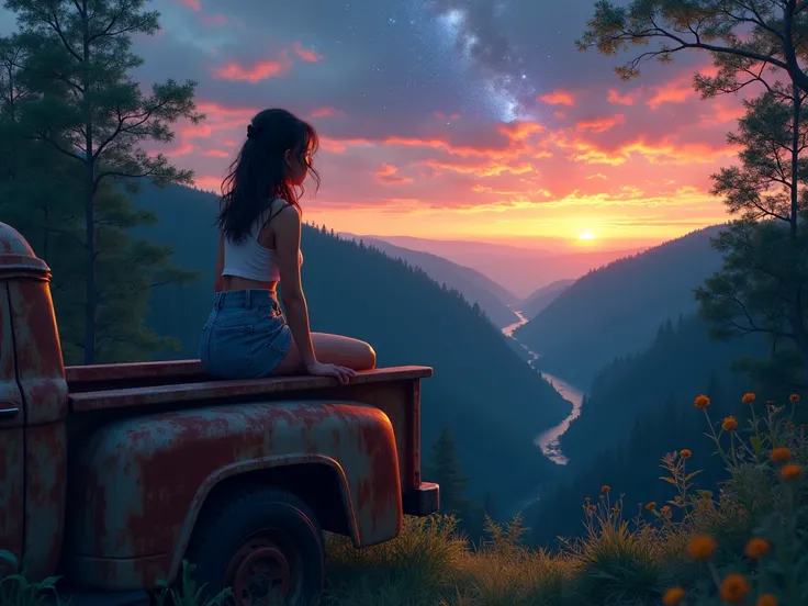 A girl on the back of an abandoned pick up car on the forest, front of a ravine, looking a colorful sunset with an upcoming night sky full of stars and the Milky Way