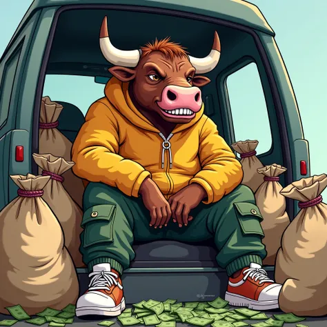 Cartoon image of a bull head guy dressed as street guy with money bags in the car