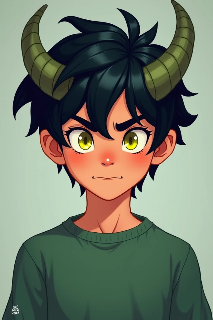 Draw a dark-haired male cartoon character with black hair, dragon horns, green sweatshirt and yellow eyes.