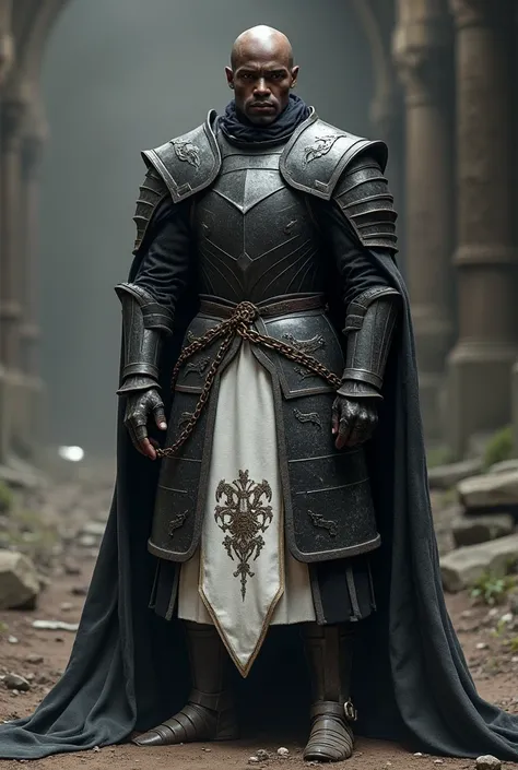  warrior with black skin and bald head ,  in blackened plate and chain armor, White heraldic skirt , im Stil von Game-of-Thrones