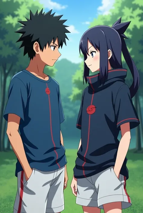 Sasuke 13years old wearing blue t-shirt and white short with sakura 13years old wear sasuke outfit