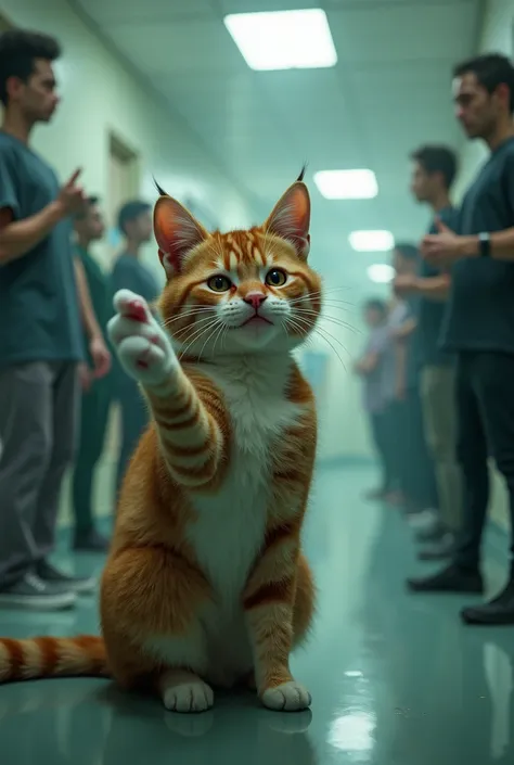  The cat is in a mental hospital on one side on the other people who are preparing for a fight, the cat licks me showing the middle finger with my paw to people 