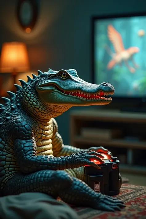 crocodile with human body , playing console game on tivi, next to him a super pretty model cheering him, game console ad, 64k, uhd, best quality, masterpiece