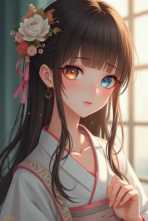  A beautiful girl with a blue right eye and an amber color with a star symbol, with long brown hair white skin a soft look, perfect nose a Japanese dress with a good body ,More serious and that anime can be seen in full body, and smiling 