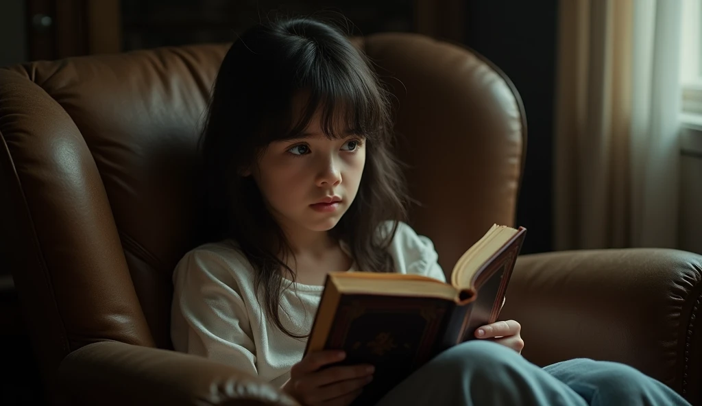 A shot of a girl sitting in an armchair, with a book in his hands. She looks up, confused