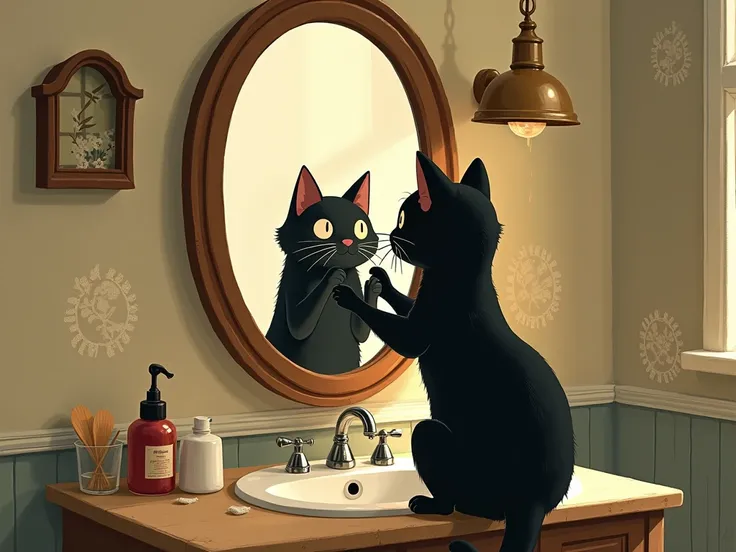 A cute, anthropomorphic black cat is washing her face in front of a mirror in a retro sink。Ghibli style 