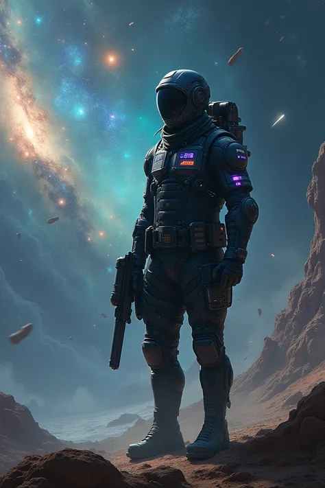  A cop in outer space, with galaxies and meteorites  