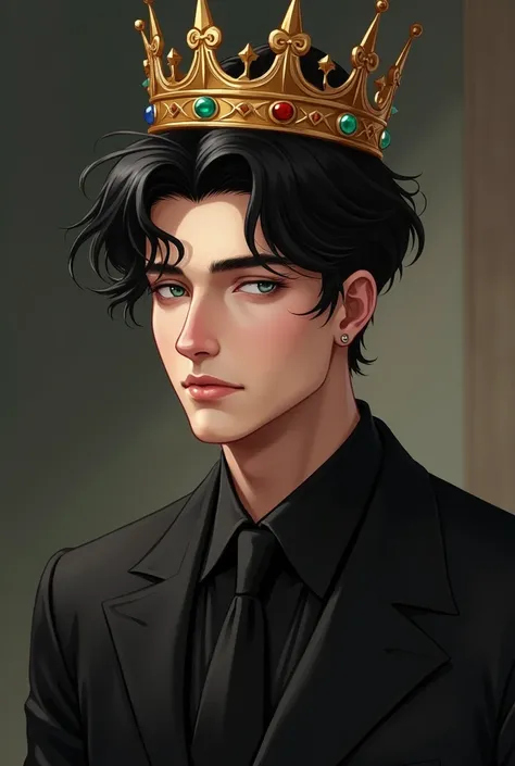 A handsome young man  ,  black hair , light skin,  light green eyes and black formal shirt ,  also has a kings crown 