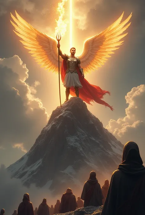  Saint Michael standing on a mountain ,  with his flaming sword raised to the sky .  Rays of divine light surround you ,  as if the sky were blessing his mission. people kneeling around, in an attitude of prayer, evoking your protection .