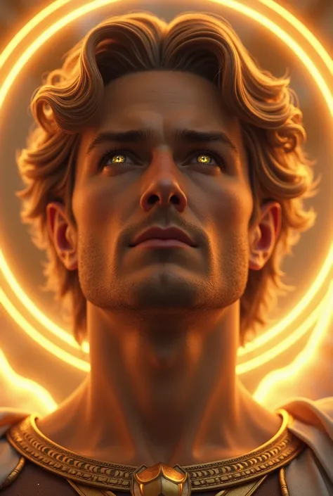  A close up of Saint Michaels face , serene but resolute ,  with eyes filled with divine light . In the background,  rings of golden light radiate towards the spectator ,  while ethereal letters with the phrase “Saint Michael the Archangel,  defend us in c...