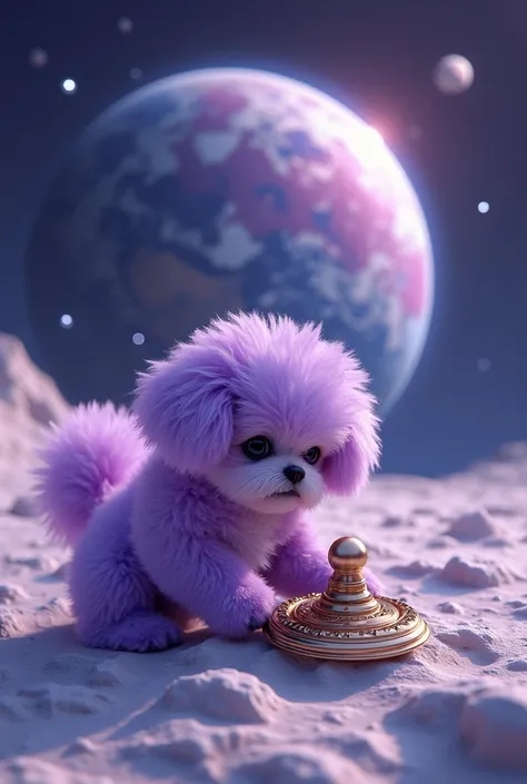  In this image we see a bichon dog with all purple fur  , Hes using the infinity knob on the Moon behind him we see planet Earth