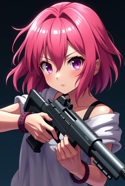 Pink haired anime girl holding a gun 