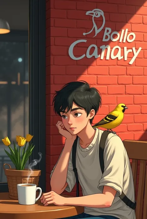  a teenage boy sitting over coffee with a canary that is plentiful next to him in the morning,against the background of the red brick wall reads BOLLO CANARY 